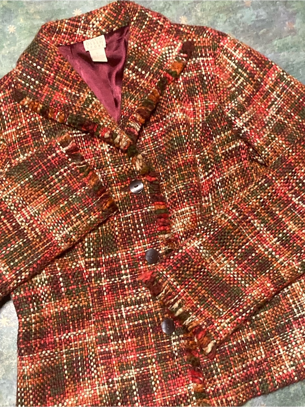 Fall Colors Plaid Boucle Tweed Jacket Blazer Sigrid Olsen Sport Sz L Wool Blend